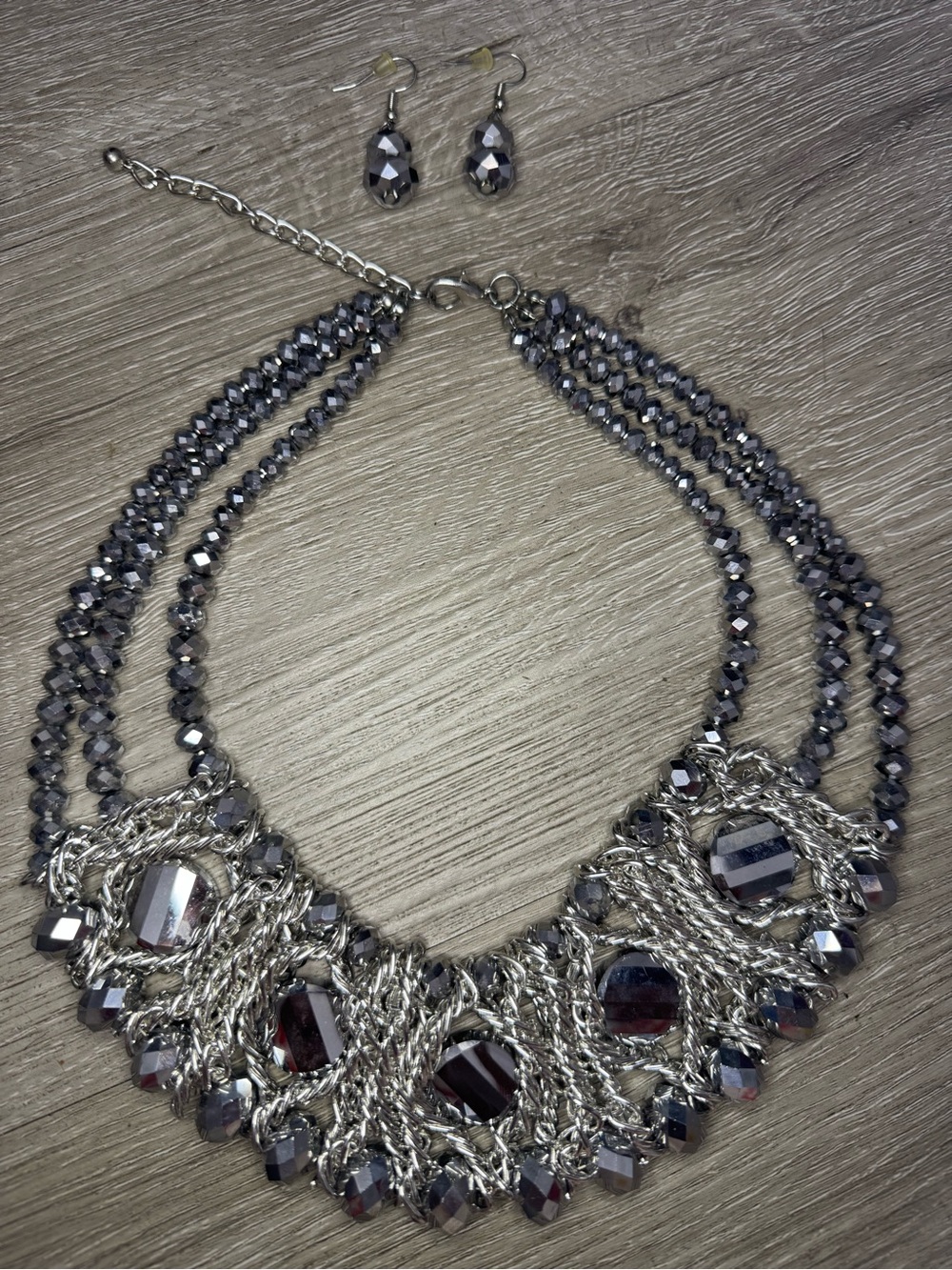 Gunmetal Statement Bold Bib Necklace Faceted Beads Chain Fringe Earrings Set